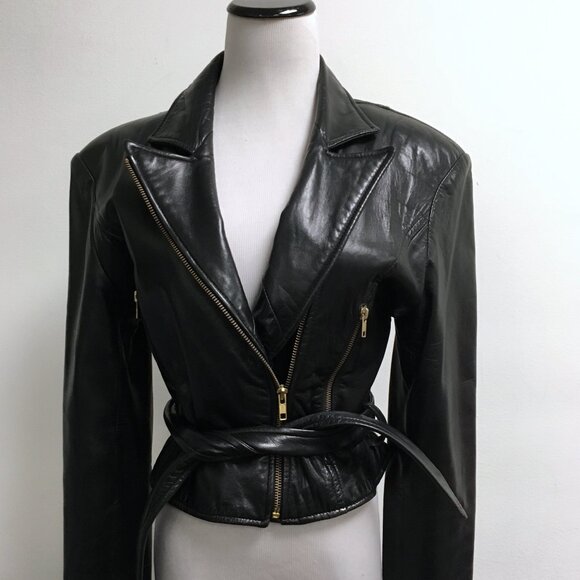 Vakko black leather motorcycle jacket BIG SHOULDER pads Vintage 80s S